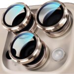 iPhone 14 Pro Max/15 Pro Camera Lens Protector - 3-Pack 9H Tempered Glass with Aluminum Alloy Ring (Desert Titanium) - Image 2