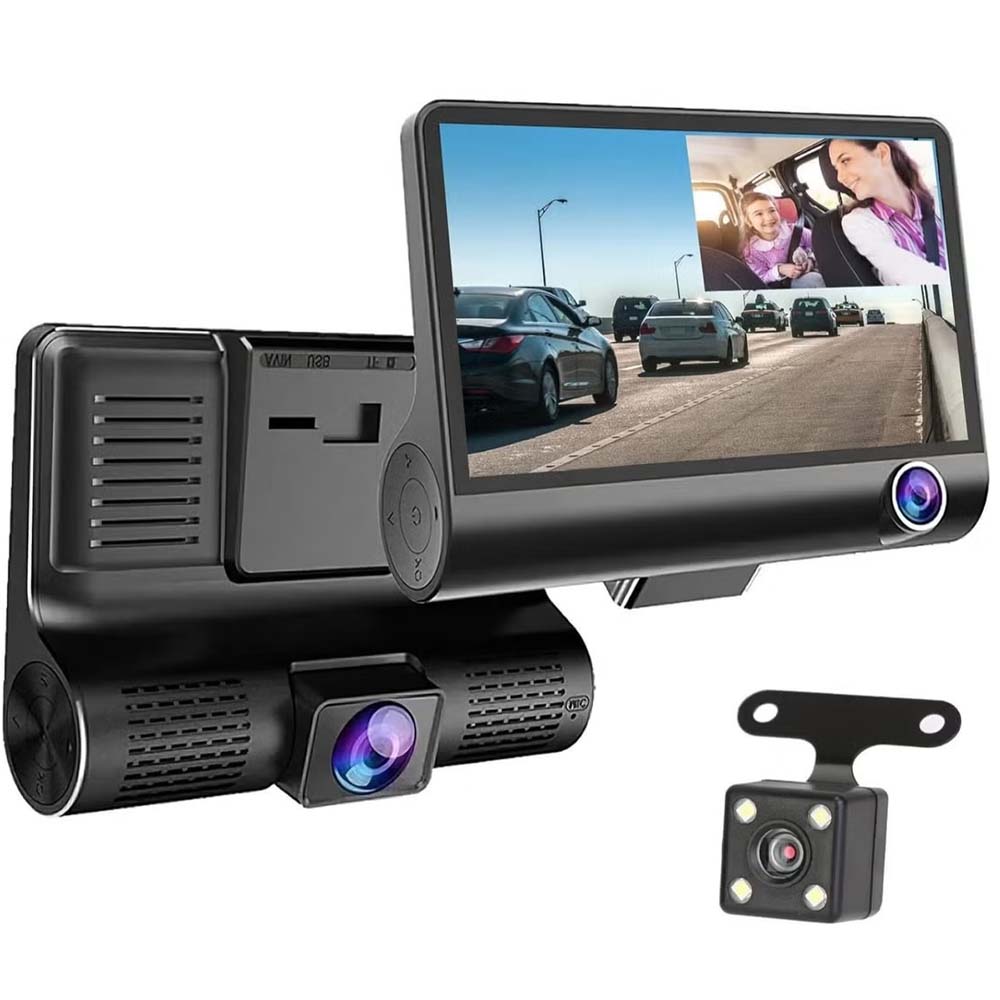 8cda81fc7ad906927144235dda5fdf151760970611.jpg DX3618 3-Channel Car Dashcam. 4" HD display with front, rear & inside cameras. Loop recording, night vision & G-sensor. - Image 1