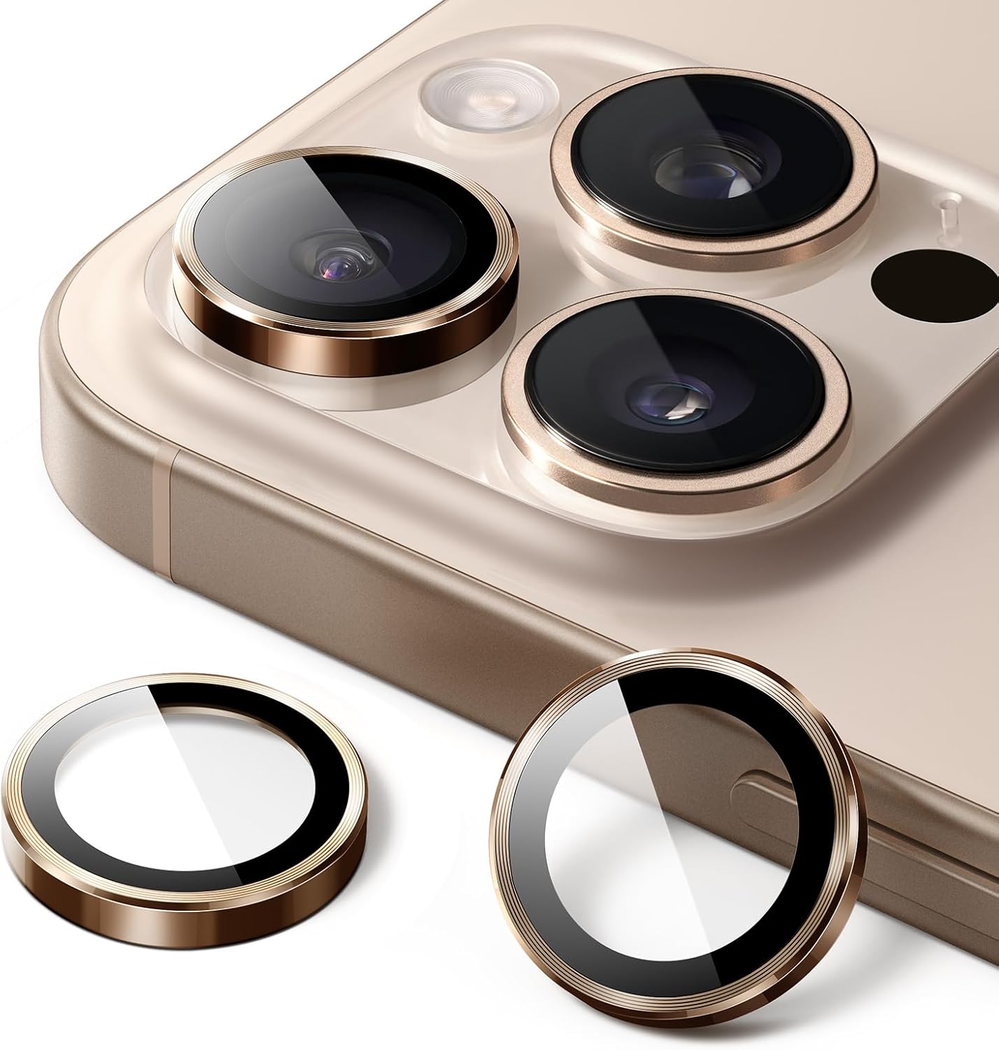 9aeb170cfff6a3e1777e0bfde627b4651756557886.jpg iPhone 16/17 Pro Max Camera Lens Protector - 3-Pack 9H Tempered Glass with Alloy Ring, Anti-Scratch HD Cover (Desert Titanium) - Image 1