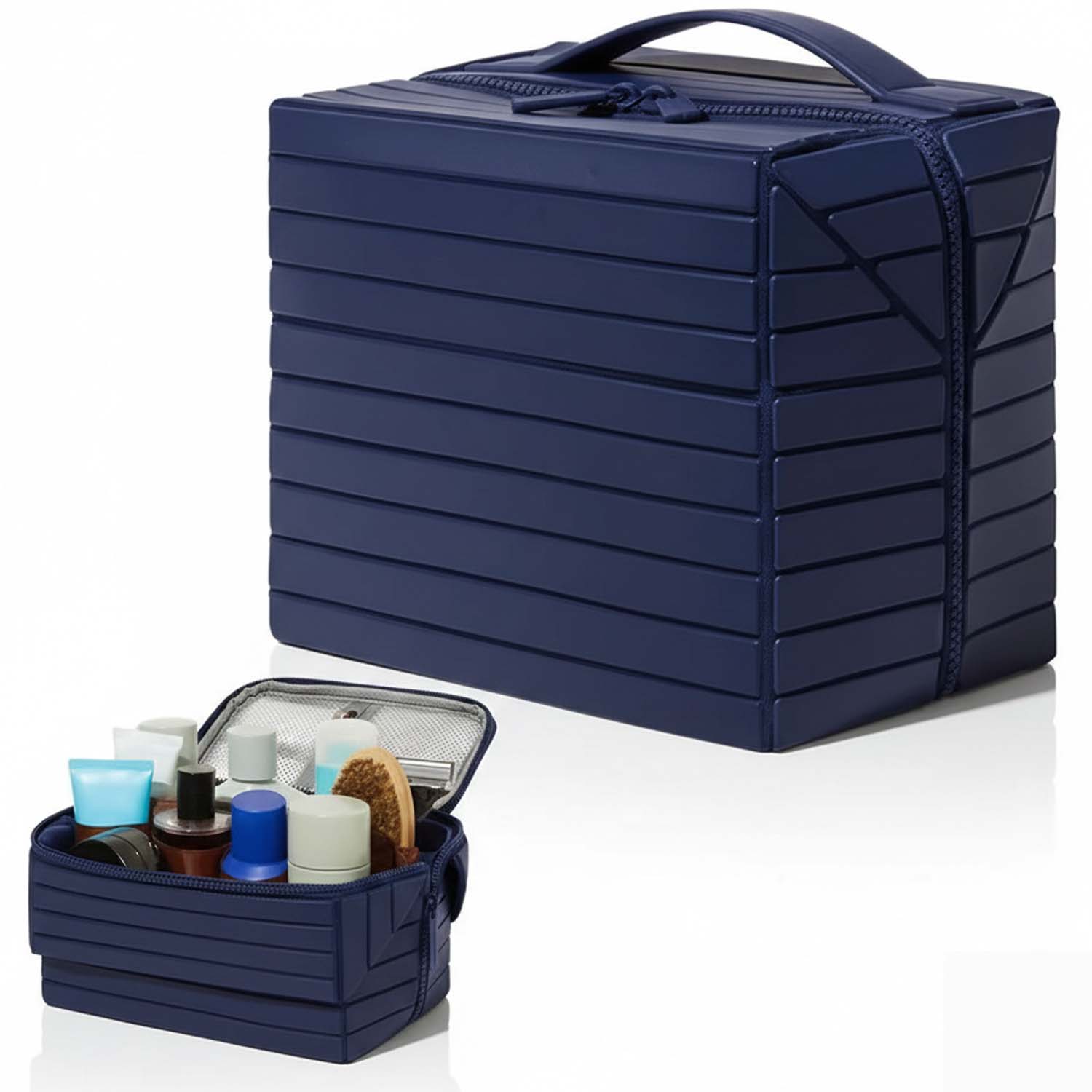 156005c5baf40ff51a327f1c34f2975b1773830821.jpg Navy Blue Foldable Travel Makeup Organizer. Large capacity, waterproof cosmetic bag with dividers for women. Portable. - Image 1