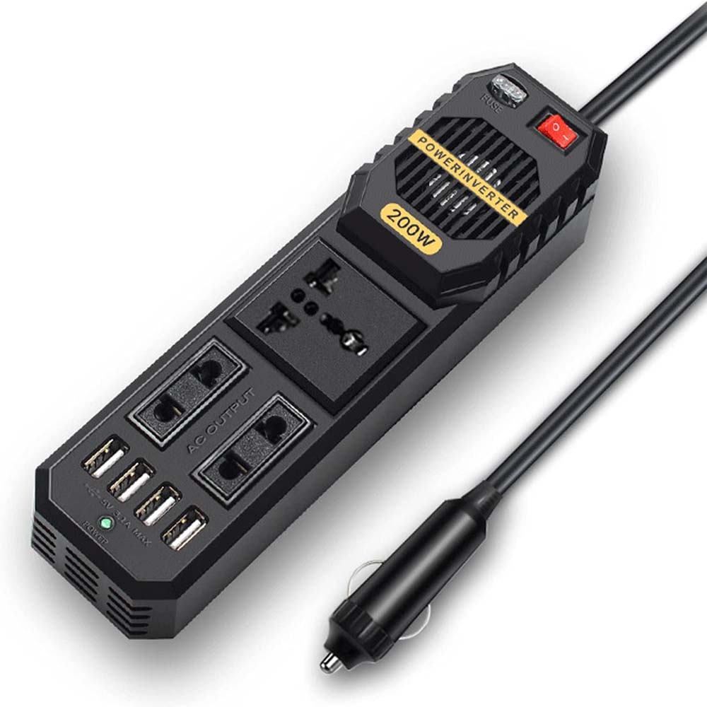 d0096ec6c83575373e3a21d129ff8fef1757507273.jpg 200W Car Power Inverter - DC 12V to AC 220V Converter with 2 AC Outlets, 4 USB Ports & Cigarette Lighter Socket - Image 1