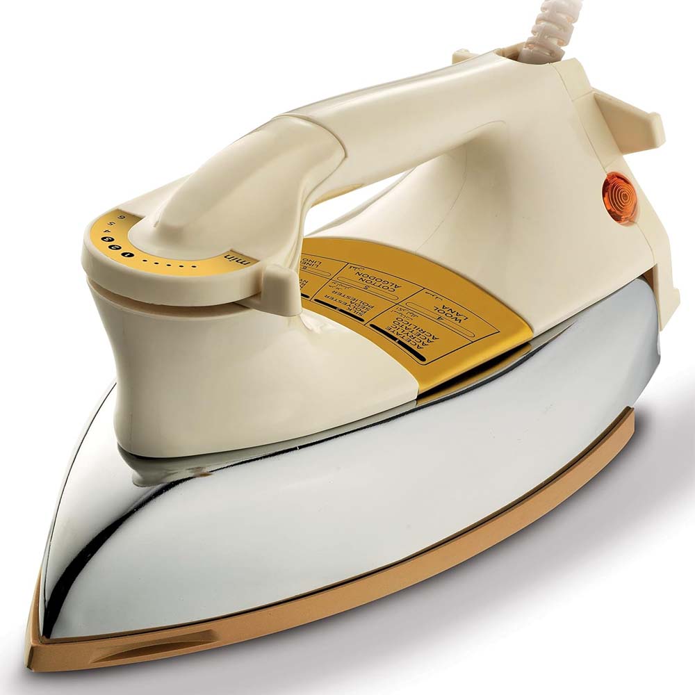 f3ccdd27d2000e3f9255a7e3e2c488001760776260.jpg OE-21 Dry Iron with Teflon Coating. Suitable for all fabrics, ensuring smooth, scratch-free ironing. White and golden design. - Image 1