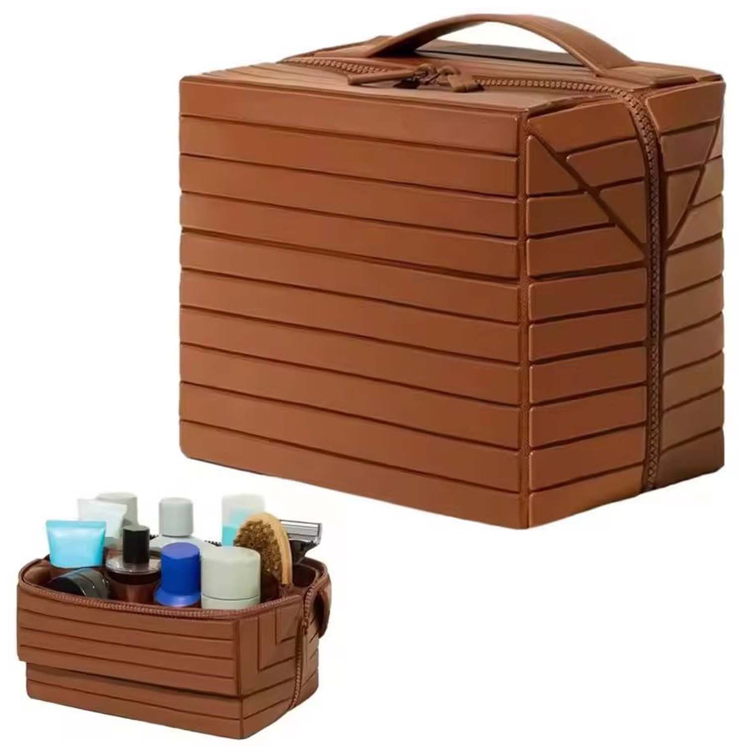 f3ccdd27d2000e3f9255a7e3e2c488001773830758.jpg Foldable Travel Makeup Organizer Bag. Large capacity, waterproof cosmetic bag with dividers for women. Portable brown bag. - Image 1